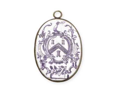 A Birmingham or Liverpool enamel double-sided Masonic plaque or badge, circa 1770Of upright oval form and set within a metal 
