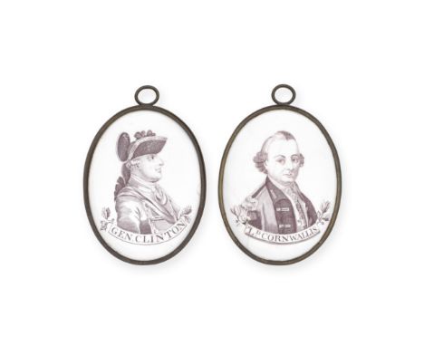 A very rare pair of Liverpool enamel plaques of American interest, circa 1775-78Of upright oval form, printed in dark brown w