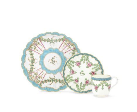 A Worcester saucer dish and coffee cup and saucer, circa 1775Of fluted form, the saucer dish painted with a version of the 'H
