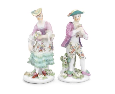 A pair of Derby figures of the Piping Shepherd and Dancing Shepherdess, circa 1765Their costumes in corresponding colouring w