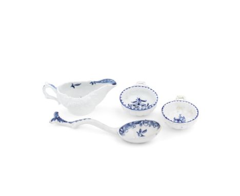 Two Derby wine tasters, a small creamboat and a dessert spoon or ladle, circa 1765-75The tasters with round, fluted bowls and