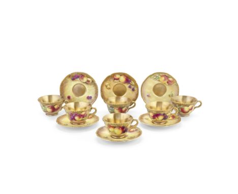Six Royal Worcester 'Painted Fruit' teacups and saucers, circa 1975Painted with autumn fruits against a mossy ground, the cup