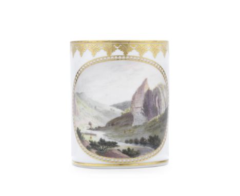 A Derby mug by Zachariah Boreman, circa 1794Of cylindrical form, painted with a named view of 'Rock Call'd, the Church Dove d