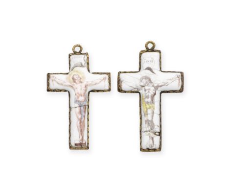 Two Battersea enamel crucifixes, circa 1753-56With gilt metal mounts and suspension loops, one printed in red with Christ on 