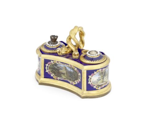 A Flight, Barr and Barr, Worcester inkstand, circa 1815Probably by Thomas Baxter, applied with a gilt serpent handle and with