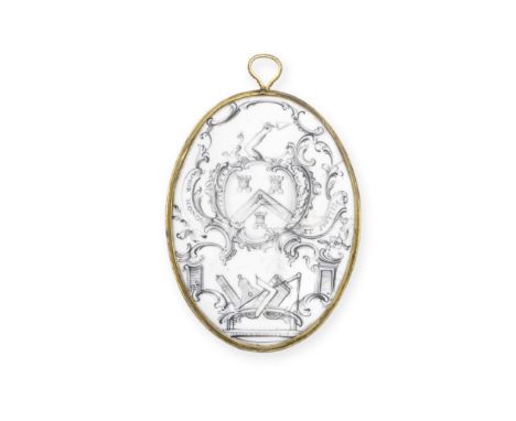 A Birmingham or Liverpool enamel double-sided Masonic plaque or badge, circa 1770Of upright oval form and set within a gilt m