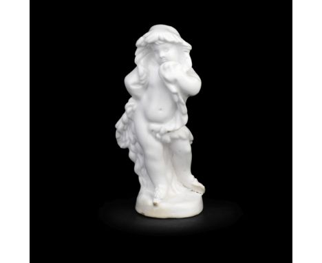 A Liverpool (Samuel Gilbody) figure emblematic of Winter, circa 1758-60Modelled as a putto wearing only a fur-lined cloak and