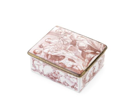 A Battersea enamel box, circa 1751-53Of rectangular form with gilt metal mounts, the hinged cover printed in red on the exter