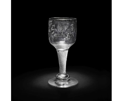 A very rare Dutch stipple-engraved goblet by J Wolff, circa 1760The ovoid bowl delicately engraved with a tavern scene with f