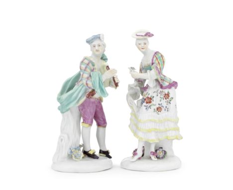 A pair of Derby figures of a Shepherd and Shepherdess, circa 1760In Scottish Dress, the gentleman wearing a plaid or tartan j