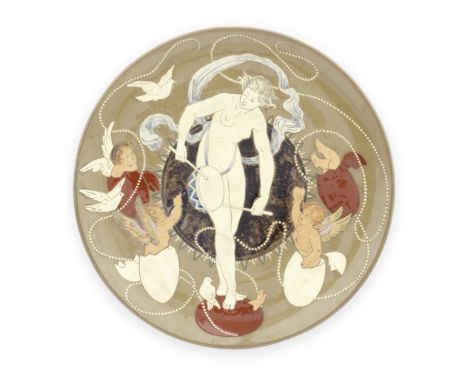A Minton Art Pottery charger, dated 1871Decorated in various coloured clays tooled in shallow relief underglaze, with Venus s