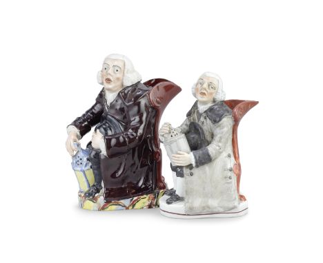 Two Staffordshire 'Nightwatchman' Toby Jugs, circa 1830Modelled seated on a chair with its back rail forming a spout to the r