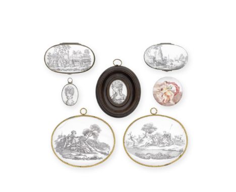 Five English enamel plaques and two boxes, circa 1753-65Comprising a pair of oval Birmingham plaques, printed in black with l