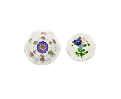 A Clichy faceted patterned millefiori paperweight and a miniature flat bouquet weight, circa 1850The first with two rows of p