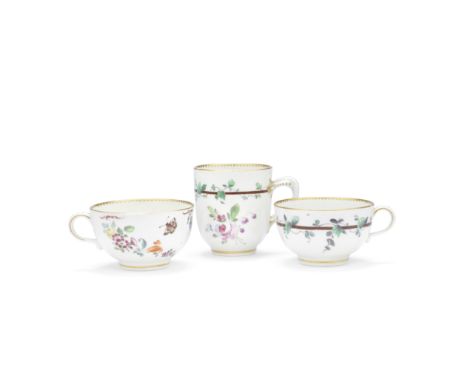 Two Worcester teacups and a coffee cup, circa 1768-75Decorated in the London workshop of James Giles, one teacup painted with
