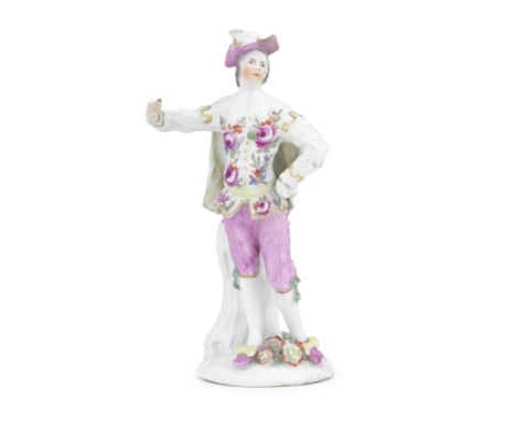 A rare Derby figure of an Actor, circa 1758The young man adopting a classic pose with one hand on his hip and the other outst