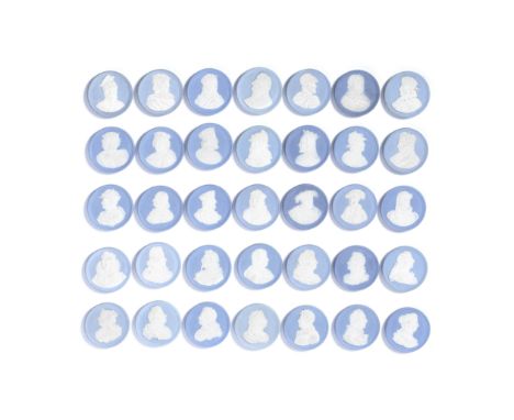 A collection of fifty-four jasperware medallions, early 19th centuryDepicting the Kings and Queens of England, circular in li