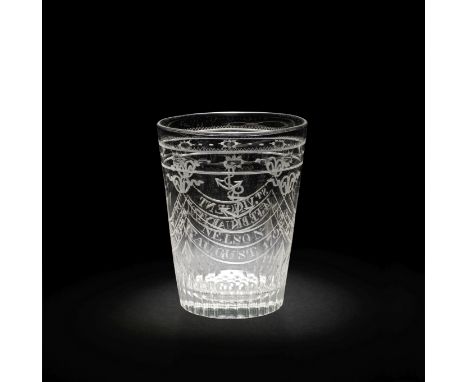 An engraved Nelson commemorative tumbler, circa 1798-1805Of tapered cylindrical form, decorated with four anchors and ribbon-