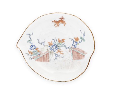 A Chelsea dish, circa 1752-55Of peach shape, painted in kakiemon style with the 'Rat and Vine' pattern, a 'Flying Fox' above,