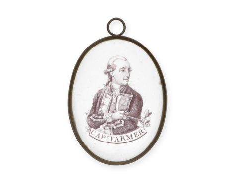 A rare Liverpool enamel plaque, circa 1780Of upright oval form, printed in dark brown with a portrait of Captain Farmer, prob