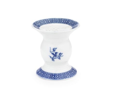 A rare Caughley pounce pot, circa 1780-85Of 'bobbin' shape with a swollen centre and a spreading rim and foot, the dished top