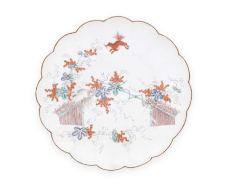 A large Chelsea dish, circa 1752-55Of lobed form, painted in kakiemon style with the 'Rat and Vine' pattern, a 'Flying Fox' a