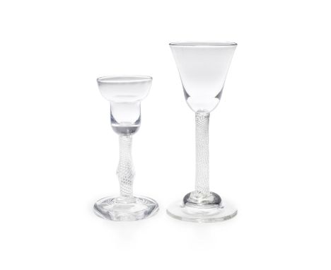 A rare airtwist cordial or gin glass and an incised twist wine glass, circa 1750The first with a pan-topped bowl solid at the