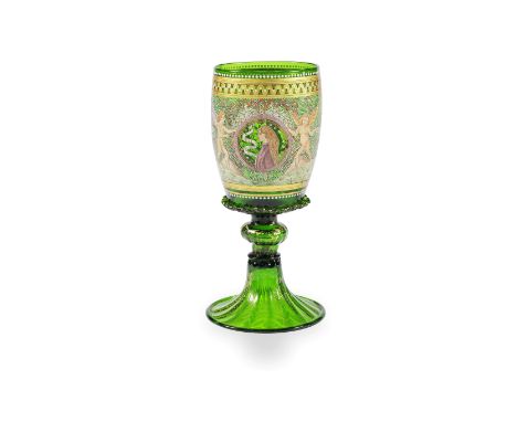 A Venetian 'betrothal' goblet by Salviati and Co, circa 1880In emerald-green glass, the barrel-shaped bowl with a vermicular 