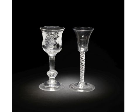 An engraved composite-stem glass and a mixed twist wine glass, circa 1740 and 1760The first with a generous waisted tulip-sha