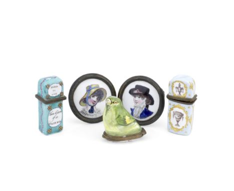 Two Staffordshire enamel scent bottle cases, a bird bonbonniere and a pair of coat hooks or ties, circa 1770-85The cases both