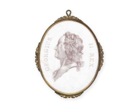 Two Battersea enamel plaques of George II, circa 1754-55Of upright oval form, printed in brown with a profile portrait of Kin