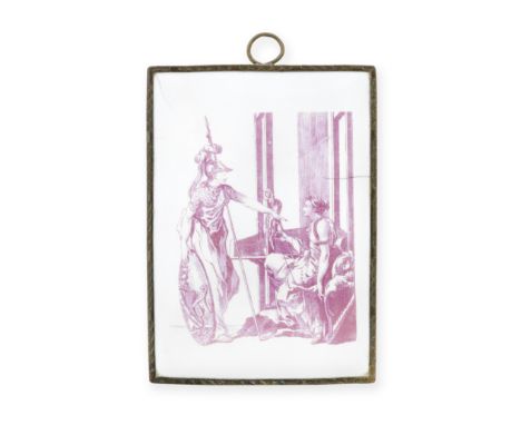 A Battersea enamel plaque, circa 1751Of upright rectangular form, printed in puce with 'Britannia Encouraging the Irish Linen