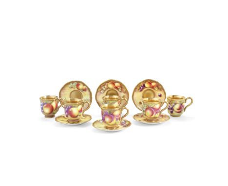 Six Royal Worcester 'Painted Fruit' coffee cups and saucers, circa 1975Painted with autumn fruits against mossy grounds, the 