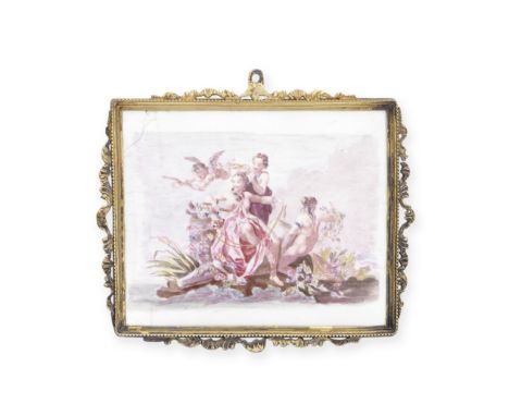 A Battersea enamel plaque, circa 1753-56Of rectangular form, printed in red and delicately hand-coloured with Europa and the 