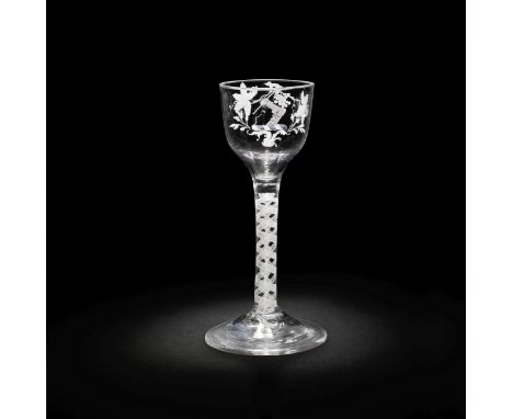 The Thompson Wine Glass: a highly important Beilby enamelled crested wine glass, circa 1769The ogee bowl with a slightly dece