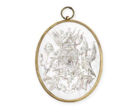 A Battersea enamel plaque or badge, circa 1753-56Of upright oval form, printed in black with the arms of the Anti-Gallican So