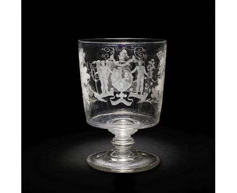 A massive ceremonial rummer, first half 19th centuryThe generous bucket bowl engraved with the arms of the Independent Order 