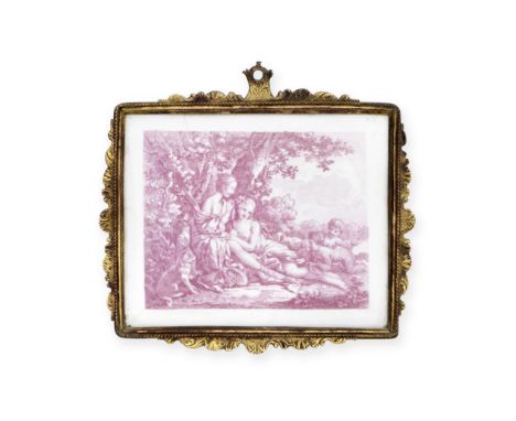 A Battersea enamel plaque, circa 1753-56Of rectangular form, printed in red after Boucher with 'La Toilette Pastorale', engra