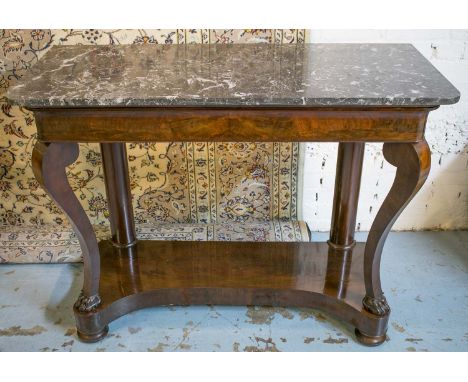 CONSOLE TABLE, 19th century French, Louis Phillipe, flame mahogany, with frieze drawer and grey marble top on cabriole suppor