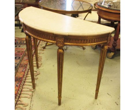 CONSOLE TABLE, Louis XVI style demi lune with a travertine top on a gilt base with fluted supports, 107cm W x 90cm H x 46cm D