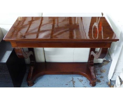 CONSOLE TABLE, mahogany, with curved supports and frieze drawer, 100cm W x 45cm d x 86cm H.