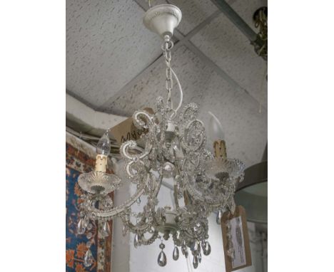 CHANDELIER, painted metal with three scrolling lighting arms hung with faceted glass beads and drops, approx 33cm H x 40cm W.