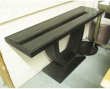 CONSOLE TABLE, with glass inlaid top on an ebonised wooden base, 140cm x 40cm x 76cm H.