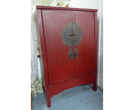 MARRIAGE CABINET, Chinese red lacquer with two doors enclosing a shelf and drawer, 110cm W x 62cm D x 171cm H. (with faults)