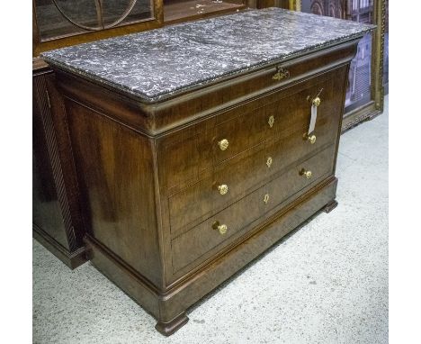 COMMODE, 19th century French Louis Philippe, figured walnut, with grey marble top above four long drawers, 131cm W x 59cm D x