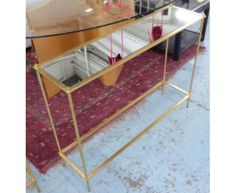 CONSOLE TABLE, silvered glass supported gilt frame base, 102cm x 27cm x 75cm H.