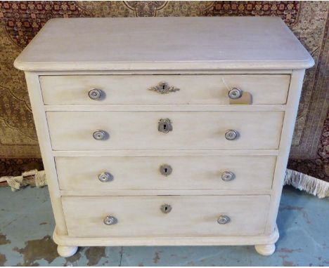COMMODE, 19th century French traditionally grey painted with four long drawers, 88cm H x 94cm x 46cm. 