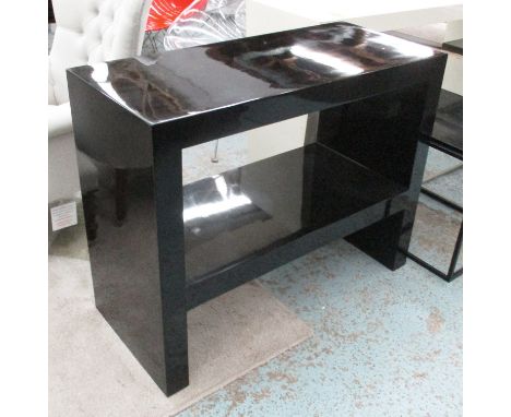 SIDE CABINET, with under shelf, in black lacquer on end supports, 100cm x 40cm x 76cm H. (with faults)