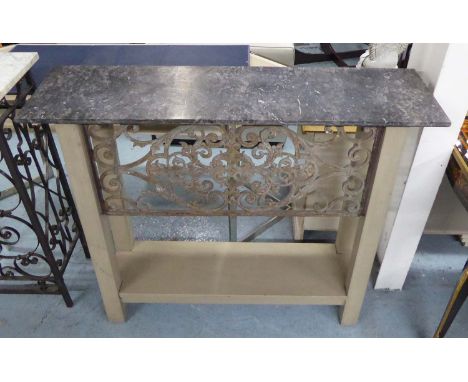 CONSOLE TABLE, marble top on grey painted base, with wrought iron decorative panel, 33cm D x 94cm H x 107cm W.