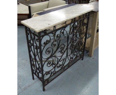 CONSOLE TABLE, the white marble top on a wrought iron base, 30cm D x 99cm H x 101cm W.